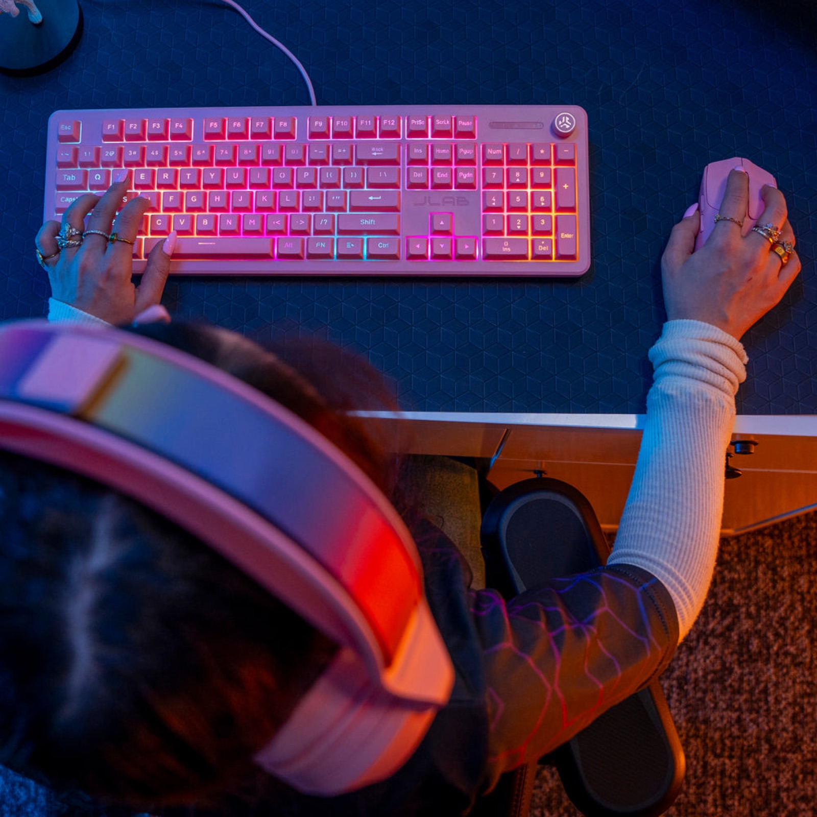 Nightfall pink keyboard and mouse in use